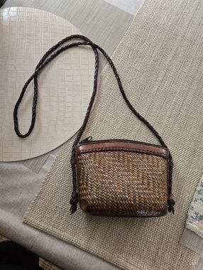 Woven Crossbody Bag with Brown Leather Trim